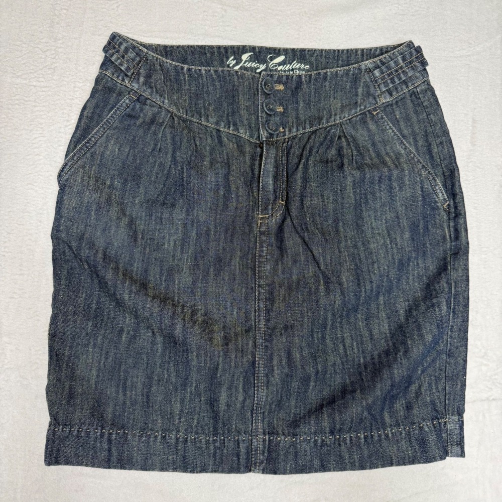 Juicy Couture Denim Skirt Blue Button Fly Pleated Pockets Size 29‎